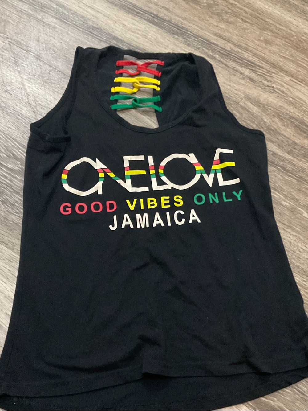 Black 'One Love Jamaica' Graphic Tank Top with Lace-Back Detail